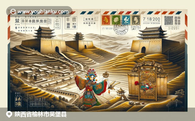 陝西多元文化展示：鎮遠堡、皮影戲和黃土高原風景，融入復古航空郵件元素