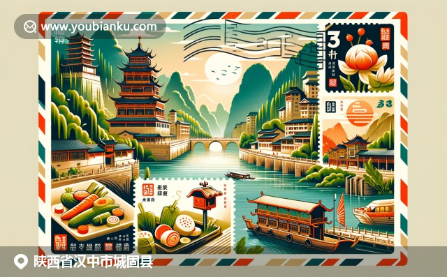 汉中城固古城墙、羊肉泡馍和秦岭山脉在航空邮件明信片上完美融合，展现城固县历史文化与自然风光