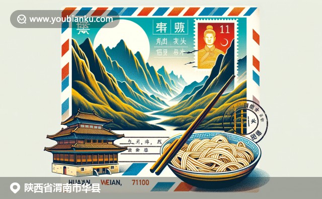 陕西华县华山背景下的传统中国邮政元素与油泼面美食，现代插画风格展现地区特色