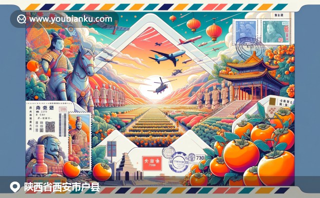 现代插画展现陕西西安户县文化与邮政融合，包括兵马俑、农民画风格和柿子果园