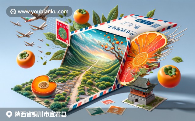陕西文化特色展示，描绘宜君县南泥湾、皮影戏和宜君柿子，现代艺术与邮政元素完美融合
