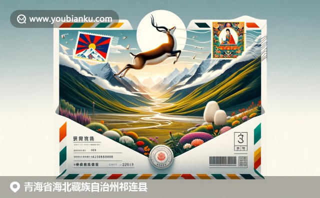 祁连山脉、藏羚羊和藏族经幡在邮政信封中的完美融合，展示青海省祁连县的自然与文化
