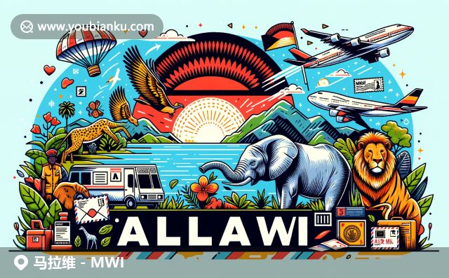 馬拉威地理風光與郵政元素完美融合，展示尼亞薩湖的波光粼粼、非洲風光與國旗陽光圖案，象徵國家未來，搭配象和河馬等標誌性野生動物