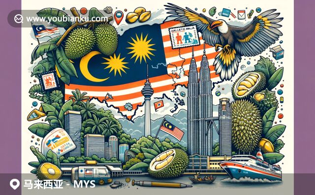 马来西亚丰富的自然和文化特色，国旗、双子塔和热带雨林，榴莲与犀鸟元素交织