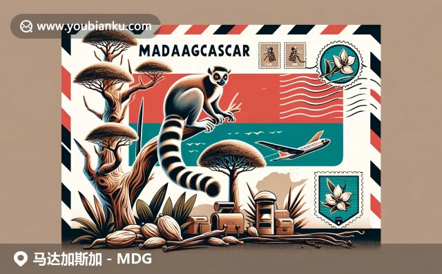 马达加斯加地域元素与邮政特色完美融合，展示国旗、环尾狐猴和猴面包树