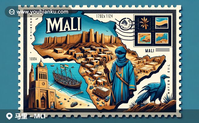 馬里文化遺產與郵政服務的完美融合，插畫展現地標景點和傳統頭巾