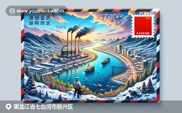黑龙江新兴区多样化文化与地理特色的现代展现，通过航空邮件信封呈现乌苏里江、煤矿和冰雪风景，展示当地自然和工业景观