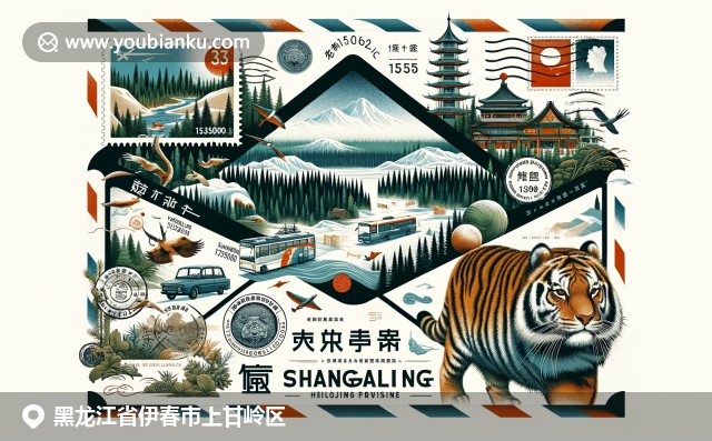 黑龙江上甘岭区自然与邮政元素融合，展现丰富森林、雪景和西伯利亚虎