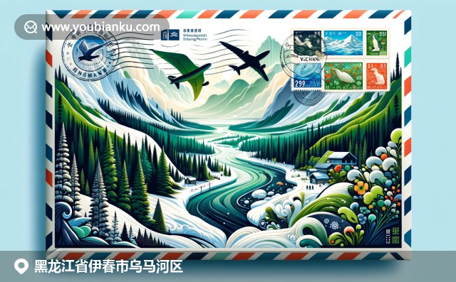 乌马河区冬日美景，展现北方森林、伊春河及雪景，融入航空邮寄元素