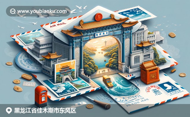 展现佳木斯邮政主题插画，呈现前进公园和松花江景观，突显珍宝岛历史意义