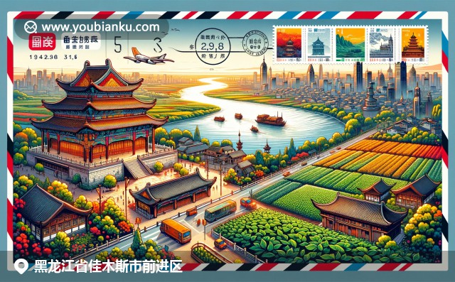 佳木斯市文化与自然的交融：乌苏里江、传统建筑与大豆田在航空邮件信封中展现