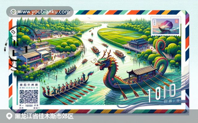 現代郵政明信片呈現佳木斯郊區三江濕地、龍舟端午節與稻田元素的文化融合