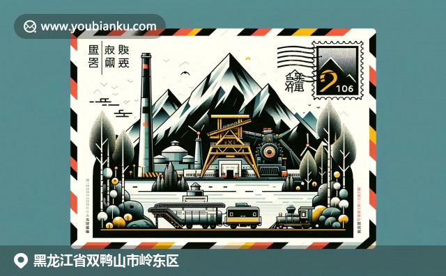 描绘双鸭山市岭东区特色，展现自然景观、煤矿工业和白桦树，融入邮政元素