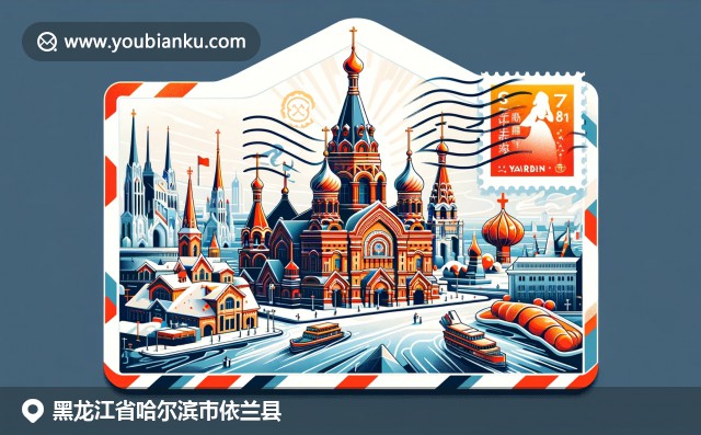 黑龙江哈尔滨独特风貌，融合圣索菲亚大教堂、冰雪大世界和红肠地方特色，展现地区文化丰富性与邮政创意
