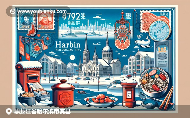 哈尔滨宾县文化与自然景观融合，展现古城历史、冰雕艺术与野生菌特色，融入邮政元素