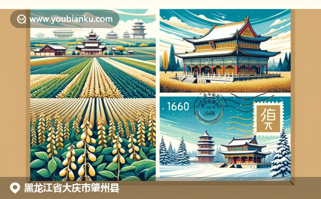 大庆肇州县的大豆田、中国传统建筑和雪景展示丰富多元，166400邮政编码巧妙融入