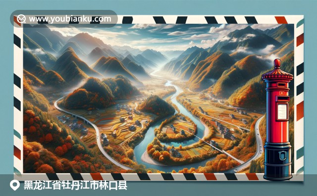 黑龙江林口县自然风光与地域特色的现代描绘，红松鼠活泼跳跃，邮戳和邮票展现邮政元素