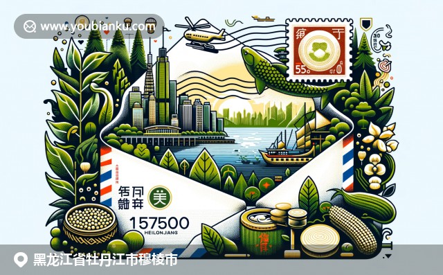穆棱市的自然美景与传统文化元素，呈现出风格化的航空邮件信封