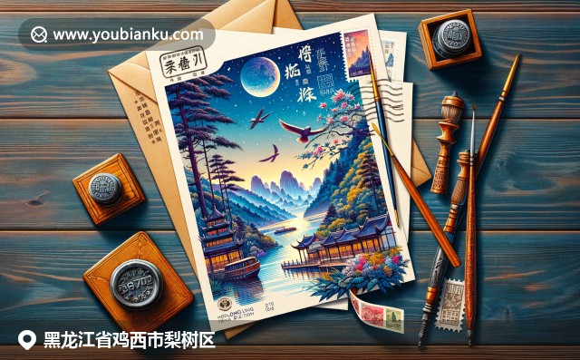 黑龙江自然美景与邮政元素的完美融合，展现梨树区山脉森林与中国文化