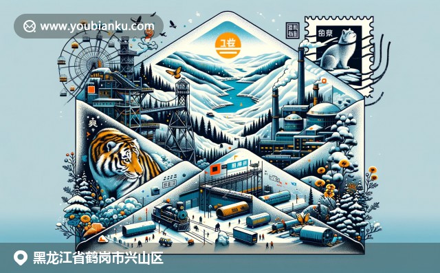 兴山区煤矿文化与自然风光的融合，呈现中国邮政元素及西伯利亚虎与雪景