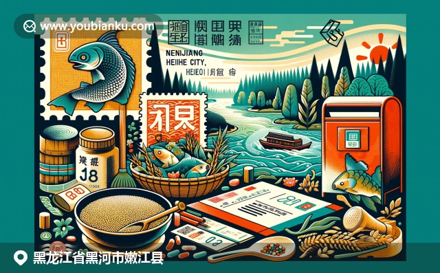 黑龙江嫩江县风光与邮政元素融合，展现自然美与文化特色