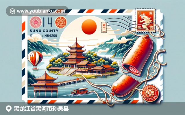 黑龙江孙吴县珍宝岛上的哈尔滨红肠与航空邮件元素，展现地方特色与现代艺术融合