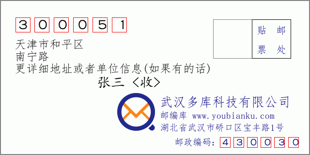 邮编信封：邮政编码300051-天津市和平区-南宁路