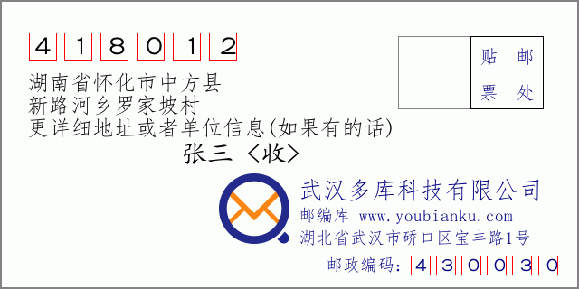 邮编信封：邮政编码418012-湖南省怀化市中方县-新路河乡罗家坡村