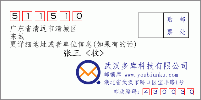 邮编信封：邮政编码511510-广东省清远市清城区-东城