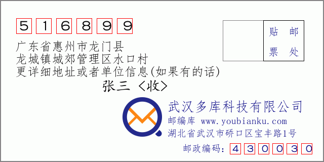 邮编信封：邮政编码516899-广东省惠州市龙门县-龙城镇城郊管理区水口村