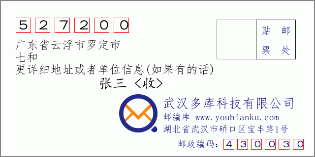 邮编信封：邮政编码527200-广东省云浮市罗定市-七和